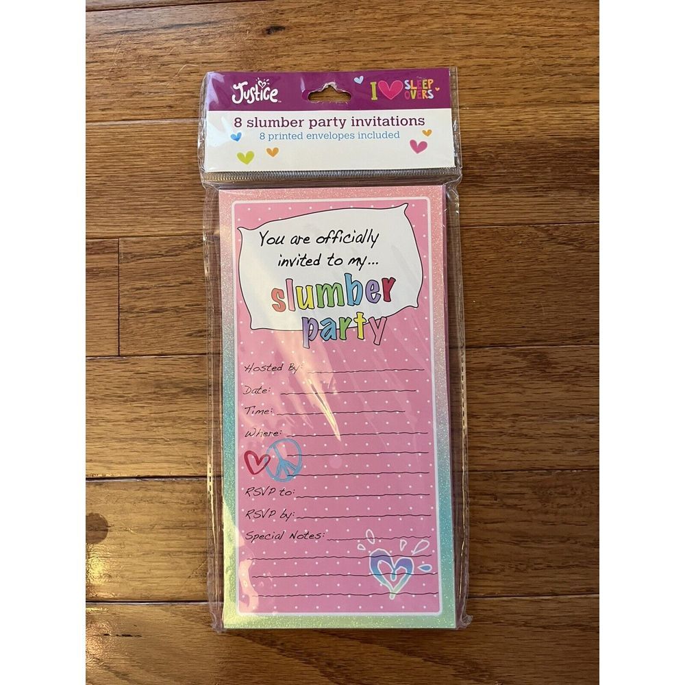 ORIGINAL Justice (the store) Slumber Party Invitations - 8 Count - NEW